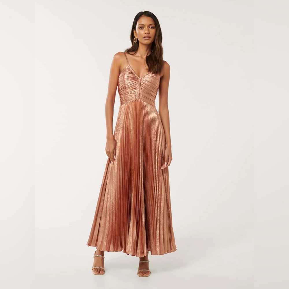 Metallic Copper Pleated Spaghetti-Strap Maxi Dress